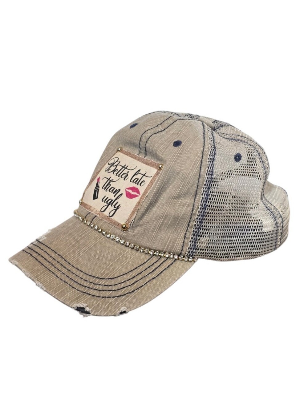 Better Late Than Ugly Distressed Tan Adjustable Trucker Baseball Cap